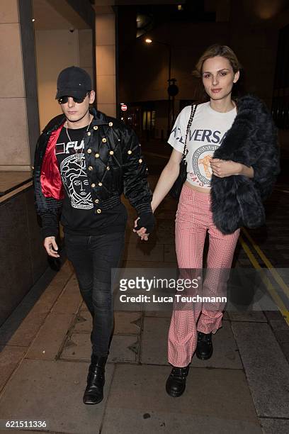 Andreja Pejic and Damon Baker are seen leaving the COMO Metropolitan London hotel on November 6, 2016 in London, England.