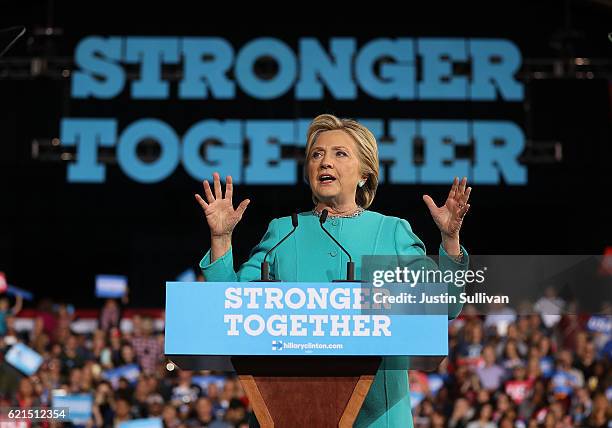 Democratic presidential nominee former Secretary of State Hillary Clinton speaks during a campaign rally at the Cleveland Public Auditorium on...