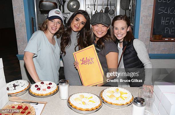 Jessie Mueller, Lea Michele, Jenna Ushkowitz and Caitlin Houlahan pose backstage at the hit musical "Waitress" on Broadway at The Brooks Atkinson...