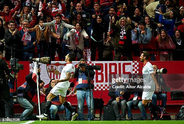 Victor Machin Perez "Vitolo" of Sevilla FC celebrates after scoring the first goal during the match between Sevilla FC vs FC Barcelona as part of La...