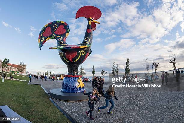 Inauguration of Pop Galo, a public art work of Portuguese artist Joana Vasconcelos, inspired by the iconic 'Galo de Barcelos' , that combines...