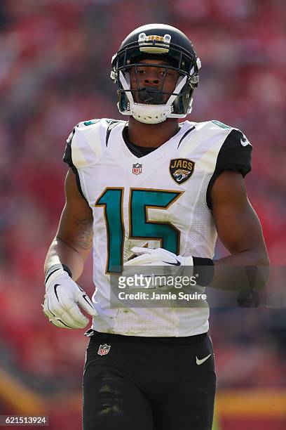 Wide receiver Allen Robinson of the Jacksonville Jaguars lines up against the Kansas City Chiefs at Arrowhead Stadium during the second quarter of...