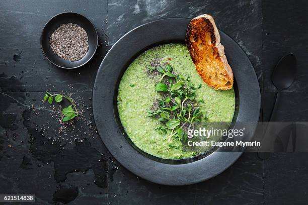 green soup with chia and almonds - soup stock pictures, royalty-free photos & images