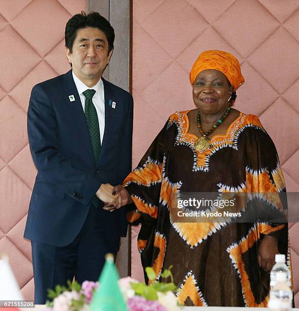 Japan - Nkosazana Dlamini Zuma , chairwoman of the African Union Commission, and Japanese Prime Minister Shinzo Abe shake hands before their talks in...