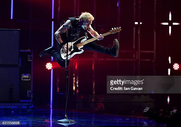 Mike Dirnt of Green Day performs on stage at the MTV Europe Music Awards 2016 on November 6, 2016 in Rotterdam, Netherlands.