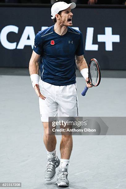 Andy Murray looks happy during the Mens Singles Final match on day seven of the BNP Paribas Masters at Hotel Accor Arena Bercy on November 6, 2016 in...