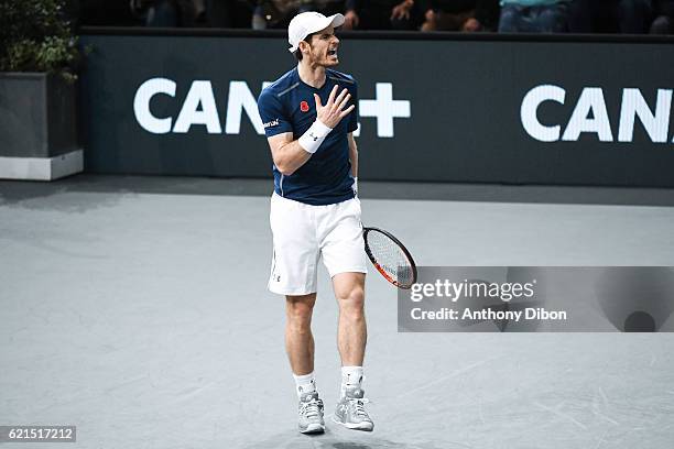 Andy Murray looks happy during the Mens Singles Final match on day seven of the BNP Paribas Masters at Hotel Accor Arena Bercy on November 6, 2016 in...