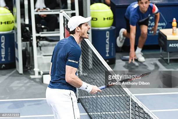 Andy Murray looks happy during the Mens Singles Final match on day seven of the BNP Paribas Masters at Hotel Accor Arena Bercy on November 6, 2016 in...