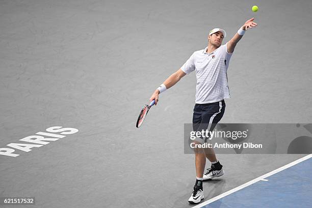 John Isner during the Mens Singles Final match on day seven of the BNP Paribas Masters at Hotel Accor Arena Bercy on November 6, 2016 in Paris,...