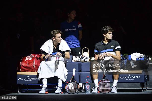 Nicolas Mahut and Pierre Hugues Herbert during the Mens Double Final match on day seven of the BNP Paribas Masters at Hotel Accor Arena Bercy on...