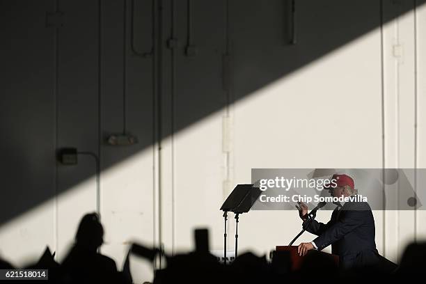 Republican presidential nominee Donald Trump holds a campaign rally in the Sun Country Airlines Hangar at Minneapolis-Saint Paul International...