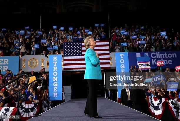 Democratic presidential nominee former Secretary of State Hillary Clinton greets supporters during a campaign rally at the Cleveland Public...