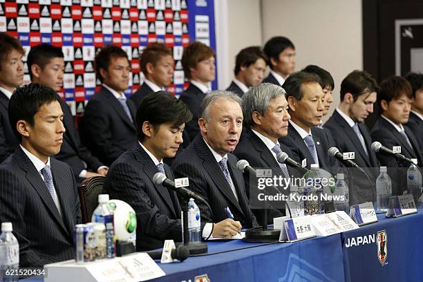 Japan - Japan coach Alberto Zaccheroni and players attend a press conference at a hotel in the city of Saitama, north of Tokyo, on June 5, 2013. The...