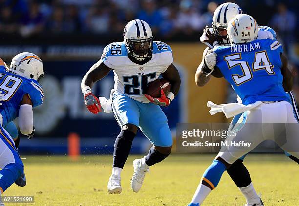 Antonio Andrews of the Tennessee Titans runs against the San Diego Chargers during the first half at Qualcomm Stadium on November 6, 2016 in San...