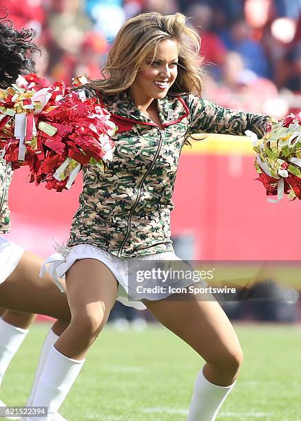 Kansas City Chiefs cheerleader performs before a week 9 NFL game between the Jacksonville Jaguars and Kansas City Chiefs on November 06, 2016 at...