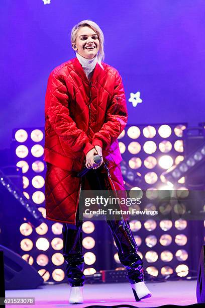 Louisa Johnson peforms live on stage ahead of Craig David switching on the Oxford Street Christmas Lights at Oxford Street on November 6, 2016 in...