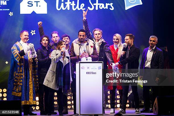 Craig David (centre is joined on stage by the Lord Mayor of Westminster Steve Summers, Bradley Simpson, James McVey, Amy Vivian, Connor Ball, Tristan...