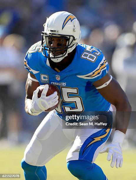 Antonio Gates of the San Diego Chargers heads downfield in the first half against the Tennessee Titans at Qualcomm Stadium on November 6, 2016 in San...