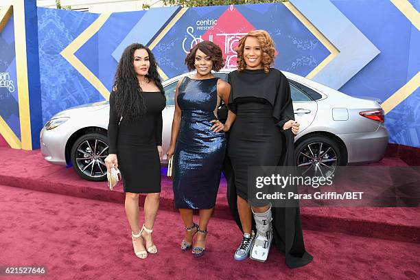 Personalities Sara Stokes, Stacii Jae Johnson and Chrystale Wilson attend the 2016 Soul Train Music Awards at the Orleans Arena on November 6, 2016...