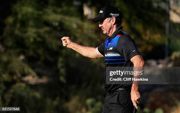 Rod Pampling of Australia celebrates his birdie putt on the 14th green during the final round of the Shriners Hospitals For Children Open on November...