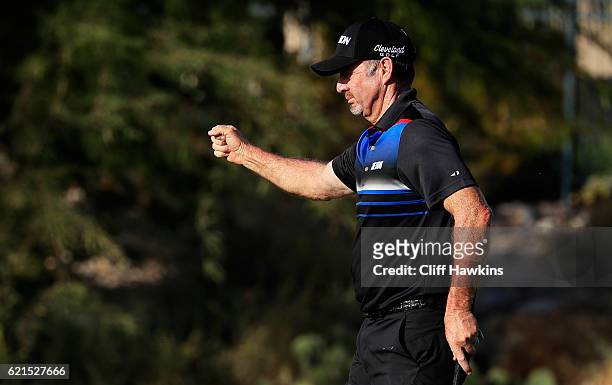 Rod Pampling of Australia celebrates his birdie putt on the 14th green during the final round of the Shriners Hospitals For Children Open on November...