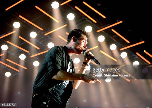 Dan Smith of Bastille performs at Manchester Arena on November 6, 2016 in Manchester, England.