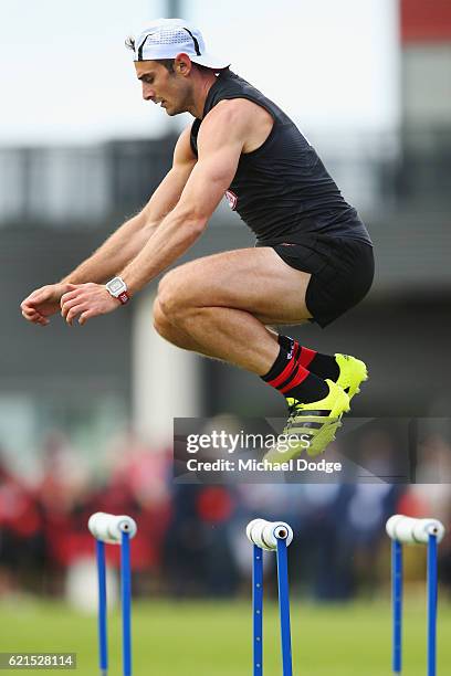 Jobe Watson of the Bombers jumps over hurdles during an Essendon Bomber AFL pre-season training session at True Value Solar Centre on November 7,...