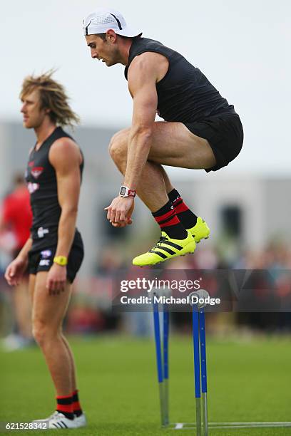 Jobe Watson of the Bombers jumps over hurdles during an Essendon Bomber AFL pre-season training session at True Value Solar Centre on November 7,...