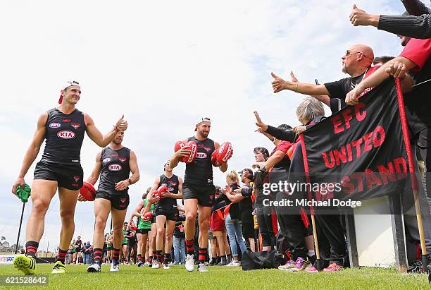 Jobe Watson of the Bombers gestures to fans during an Essendon Bomber AFL pre-season training session at True Value Solar Centre on November 7, 2016...