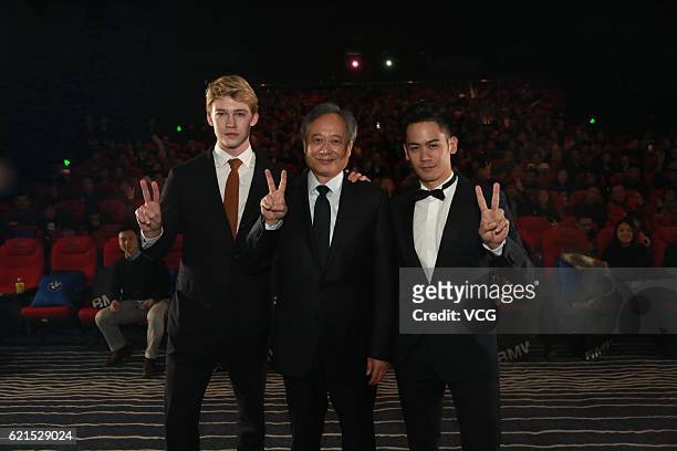 Actor Mason Lee, his father director Ang Lee and British actor Joe Alwyn attend the premiere of Ang Lee's film "Billy Lynn's Long Halftime Walk" on...