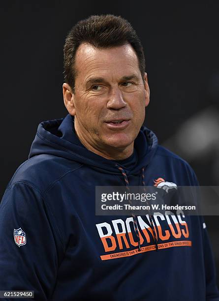 Head coach Gary Kubiak of the Denver Broncos is seen on the field prior to the game against the Oakland Raiders at Oakland-Alameda County Coliseum on...