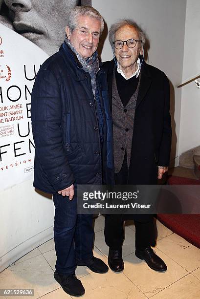 Director Claude Lelouch and Actor Jean-Louis Trintignant attend "Un Homme et Une Femme" Screening for Its 50th Anniversary at l'Arlequin on November...