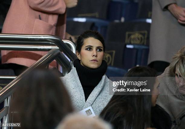 Karine Ferri wife of Yoann Gourcuff of Stade de Rennes attends the French Ligue 1 match between Paris Saint-Germain and Stade Rennes FC at Parc des...