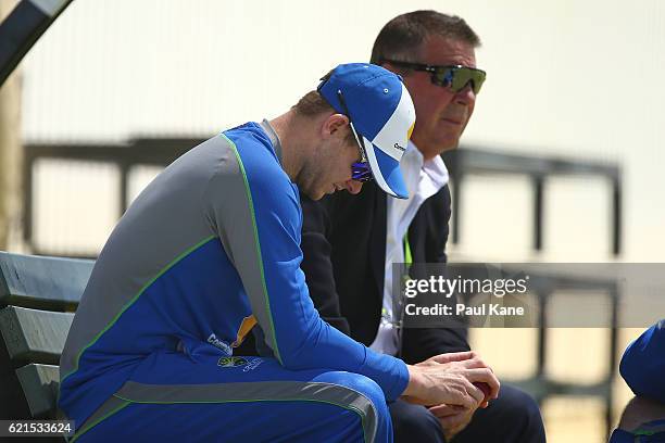 Steve Smith of Australia talks with Australian Chairman of Selectors Rod Marsh before start of play during day five of the First Test match between...