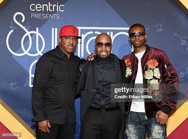 Recording artist Teddy Riley , musicians Markell Riley and Aqil Davidson of Wreckx-n-Effect attend the 2016 Soul Train Music Awards at the Orleans...