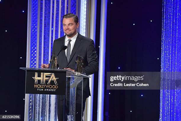 Actor Leonardo DiCaprio accepts the Hollywood Documentary Award for "Before the Flood" onstage during the 20th Annual Hollywood Film Awards at The...