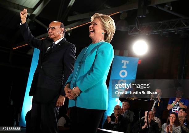 Khizr Khan and Democratic presidential nominee former Secretary of State Hillary Clinton greet supporters during a campaign rally at The Armory on...