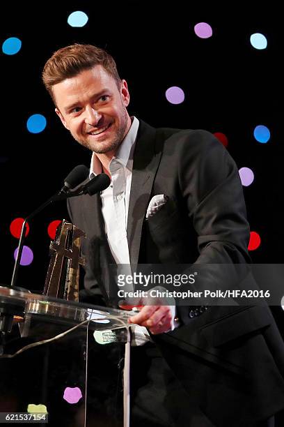 Recording artist Justin Timberlake, recipient of the "Hollywood Song Award" for "CAN'T STOP THE FEELING!", speaks attends the 20th Annual Hollywood...