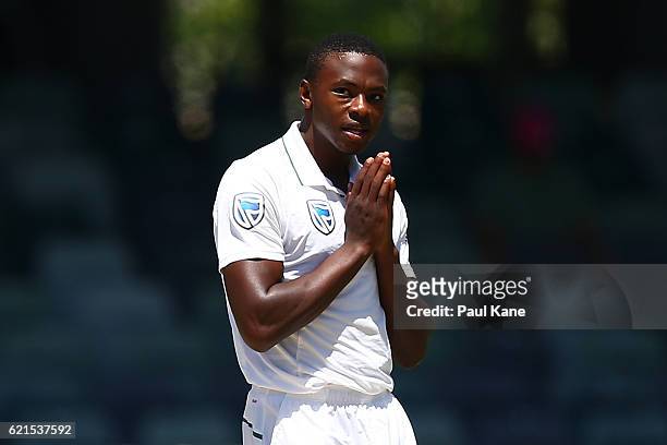 Kagiso Rabada of South Africa reacts after a delivery during day five of the First Test match between Australia and South Africa at the WACA on...