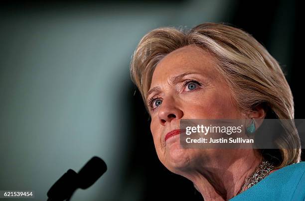 Democratic presidential nominee former Secretary of State Hillary Clinton speaks during a campaign rally at The Armory on November 6, 2016 in...