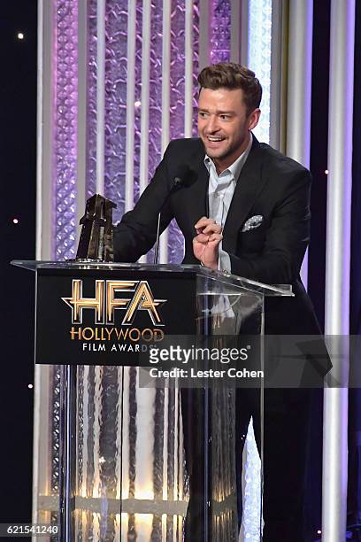 Recording artist Justin Timberlake accepts the Hollywood Song Award for Troll's "Can't Stop The Feeling" onstage during the 20th Annual Hollywood...