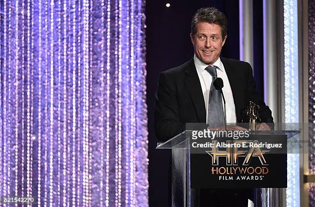 Actor Hugh Grant, recipient of the "Hollywood Supporting Actor Award" for "Florence Foster Jenkins", speaks onstage during the 20th Annual Hollywood...