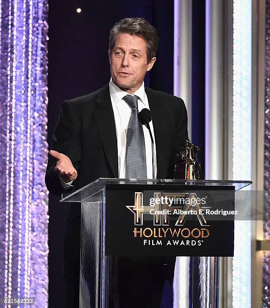 Actor Hugh Grant, recipient of the "Hollywood Supporting Actor Award" for "Florence Foster Jenkins", speaks onstage during the 20th Annual Hollywood...