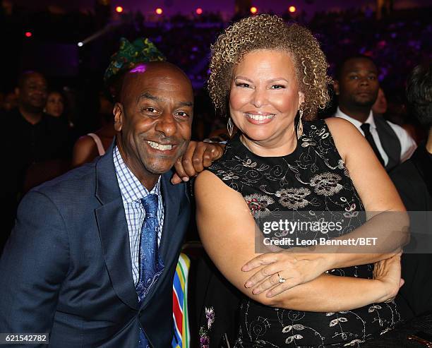 President of Programming Stephen Hill and BET CEO Debra L. Lee in the audience during the 2016 Soul Train Music Awards at the Orleans Arena on...