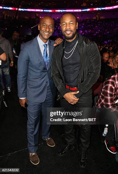 President of Programming Stephen Hill and singer Tank in the audience during the 2016 Soul Train Music Awards at the Orleans Arena on November 6,...