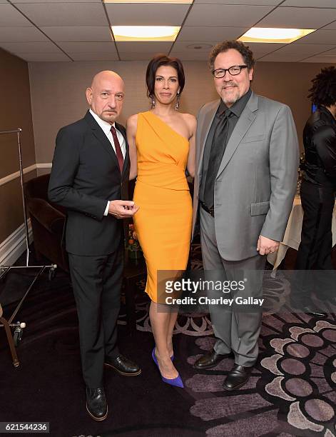 Actors Sir Ben Kingsley, Daniela Lavender and director Jon Favreau pose in the green room during the Hollywood Film Awards on November 6, 2016 in...