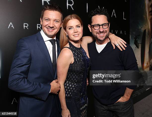 Jeremy Renner, Amy Adams and J.J. Abrams attend the Premiere Of Paramount Pictures' "Arrival" at Regency Village Theatre on November 6, 2016 in...