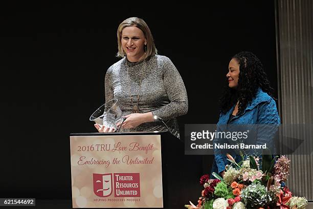 Honoree Shakina Nayfack recieves her awards from Tonya Pinkins during the 2016 TRU Love Benefit at The New York Public Library for the Performing...