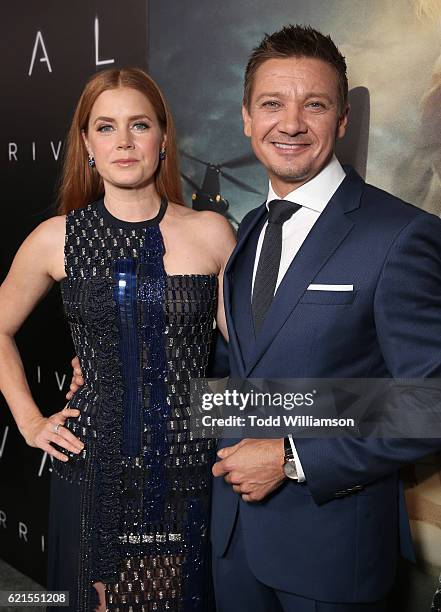 Amy Adams and Jeremy Renner attend the Premiere Of Paramount Pictures' "Arrival" at Regency Village Theatre on November 6, 2016 in Westwood,...