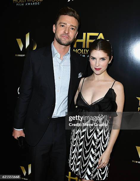 Singer/actor Justin Timberlake, recipient of the "Hollywood Song Award" for "CAN'T STOP THE FEELING!" and actress Anna Kendrick pose in the press...